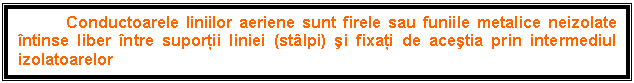 Text Box: Conductoarele liniilor aeriene sunt firele sau funiile metalice neizolate ntinse liber ntre suporii liniei (stlpi) i fixai de acetia prin intermediul izolatoarelor